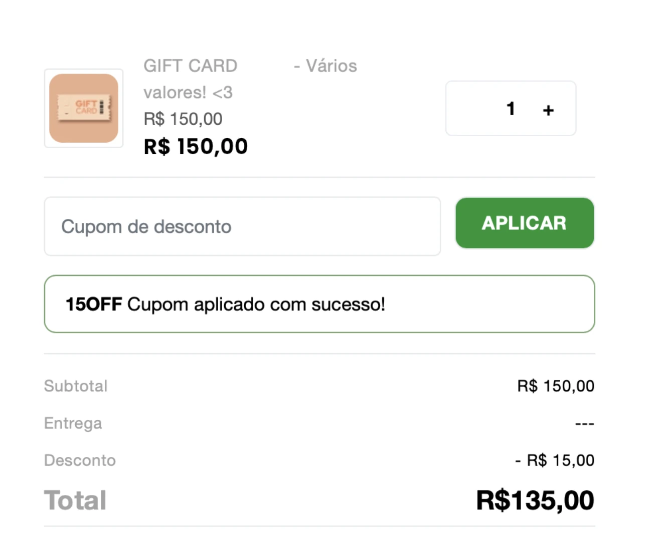 Tela de checkout comprando um gift card com cupom de desconto aplicado