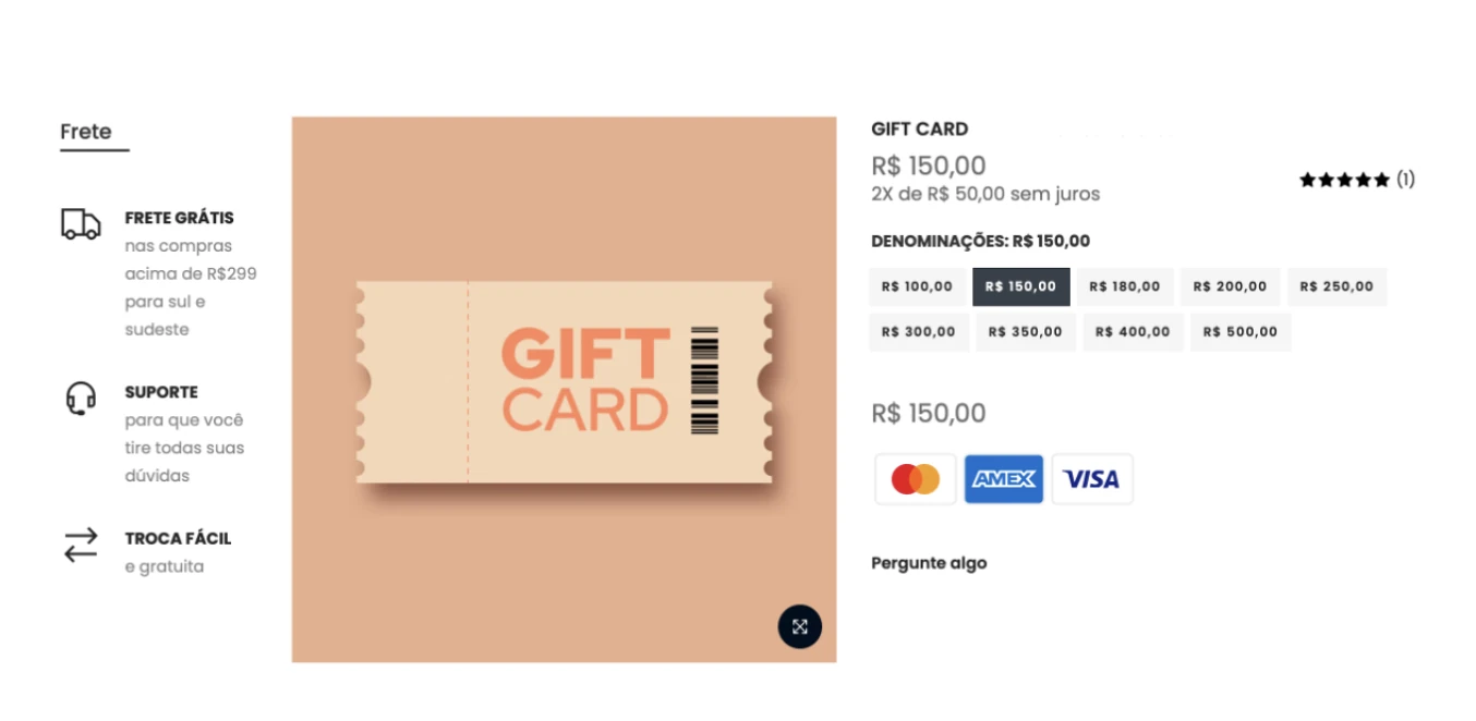 Gift card listado para venda no catálogo de produtos do e-commerce